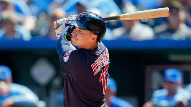 Sep 20, 2023; Kansas City, Missouri, USA; Cleveland Guardians left fielder Will Brennan (17) bats during the third inning against the Kansas City Royals at Kauffman Stadium. Mandatory Credit: Jay Biggerstaff-USA TODAY Sports